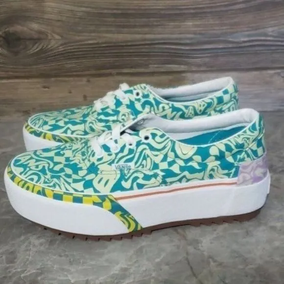 New Vans Era Stacked Wavy Daze Tile Blue Green Platform Shoes Festival