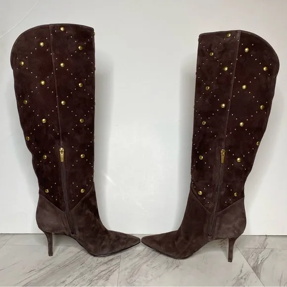 New! Vince Camuto Fimulie Brown Suede Stud Pointy Toe Tall Boot 7 1/2 M