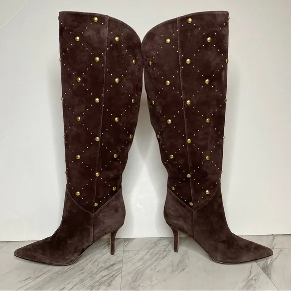 New! Vince Camuto Fimulie Brown Suede Stud Pointy Toe Tall Boot 7 1/2 M