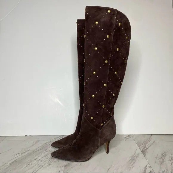 New! Vince Camuto Fimulie Brown Suede Stud Pointy Toe Tall Boot 7 1/2 M