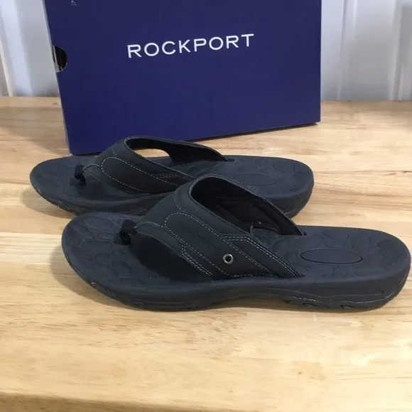 New WB Mens Rockport Black Hayes Thong Sandals