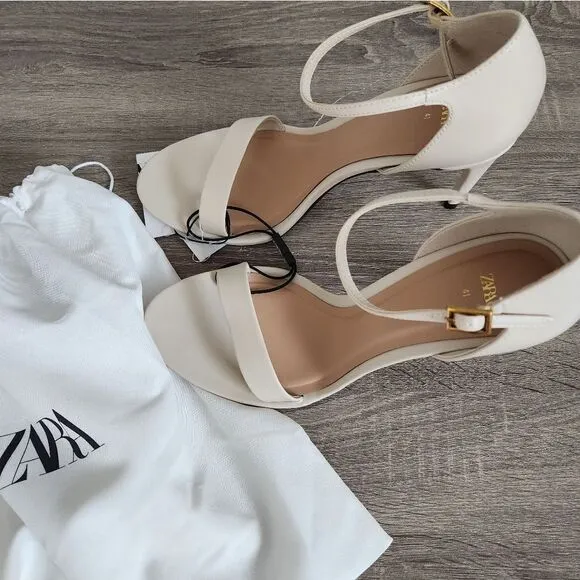 NEW WOMEN'S ZARA SANDALS IVORY COLOR SIZE HEELED ANKLE BRACELET SIZE 10 EU 41