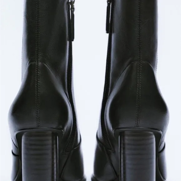 New! Zara SZ 6, black leather heeled zippered ankle boots.