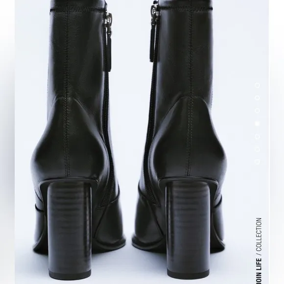 New! Zara SZ 6, black leather heeled zippered ankle boots.