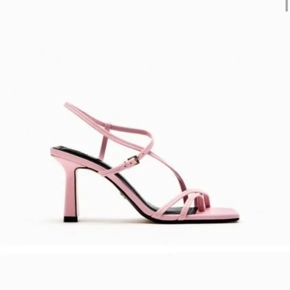 New! Zara SZ 7.5 /6.5 pink strappy heeled leather square toe  sandals.