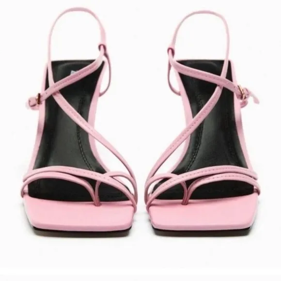 New! Zara SZ 7.5 /6.5 pink strappy heeled leather square toe  sandals.