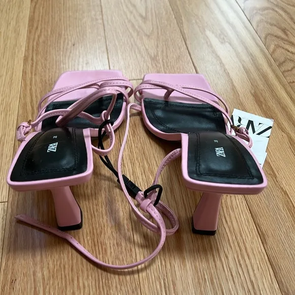 New! Zara SZ 7.5 /6.5 pink strappy heeled leather square toe  sandals.