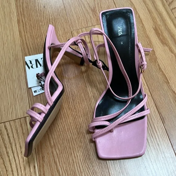 New! Zara SZ 7.5 /6.5 pink strappy heeled leather square toe  sandals.