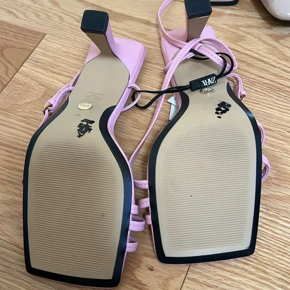 New! Zara SZ 7.5 /6.5 pink strappy heeled leather square toe  sandals.