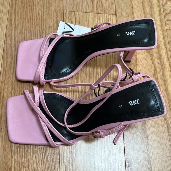 New! Zara SZ 7.5 /6.5 pink strappy heeled leather square toe  sandals.