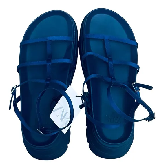 NEW ZARA Women’s Shoes Blue Strappy Synthetic Platform Sandals Size 7.5 EU 38