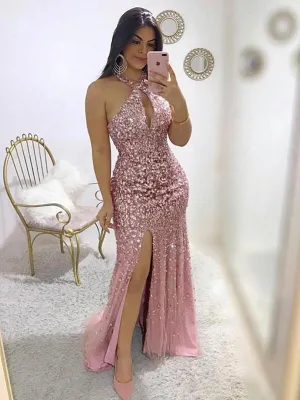 Newest Halter Pink Sequin Mermaid Long Cheap Prom Dresses, PDS0099