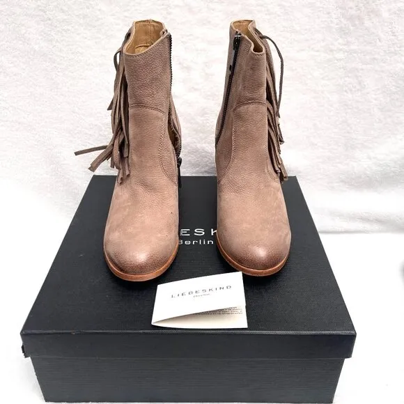 NIB Anthropologie Liebeskind Berlin Suede Fringe Nubuck Chunky Heel Ankle Boots