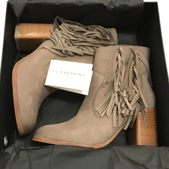 NIB Anthropologie Liebeskind Berlin Suede Fringe Nubuck Chunky Heel Ankle Boots