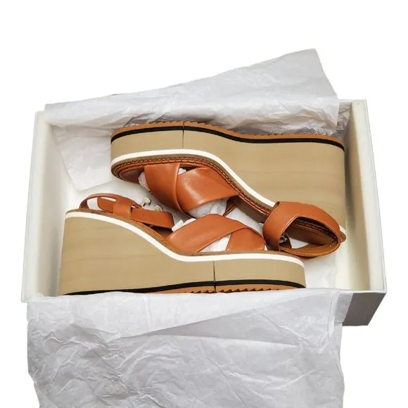 NIB Clergerie Noemie Platform Wedge Sandal Brown Leather Size 39.5 / 9.5 NEW