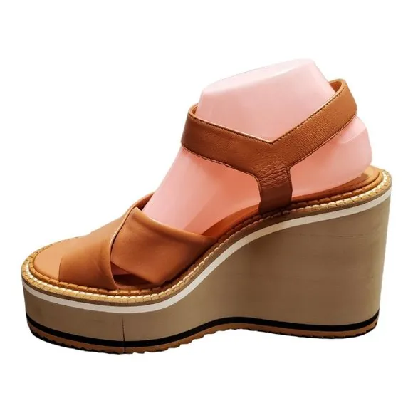 NIB Clergerie Noemie Platform Wedge Sandal Brown Leather Size 39.5 / 9.5 NEW