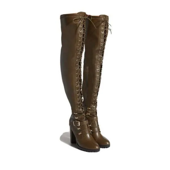 NIB Dark Olive Faux Leather Sexy Casual Lace Up Over The Knee Tall Boots