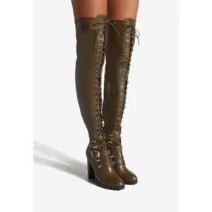 NIB Dark Olive Faux Leather Sexy Casual Lace Up Over The Knee Tall Boots