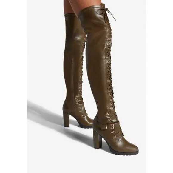 NIB Dark Olive Faux Leather Sexy Casual Lace Up Over The Knee Tall Boots