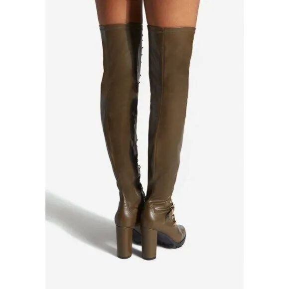 NIB Dark Olive Faux Leather Sexy Casual Lace Up Over The Knee Tall Boots