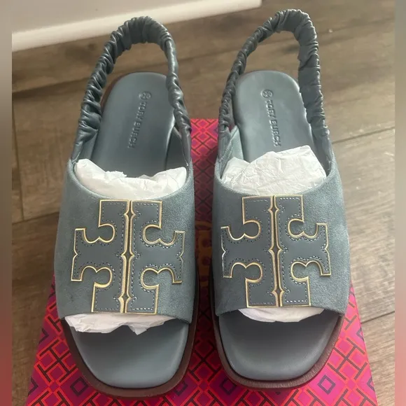 NIB Tory Burch Ines Light Blue Slingback Flatform Sandal Size 8.5