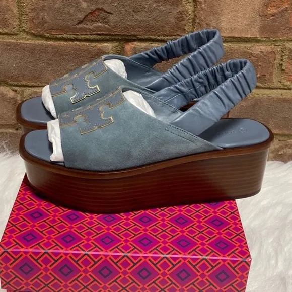 NIB Tory Burch Ines Light Blue Slingback Flatform Sandal Size 8.5