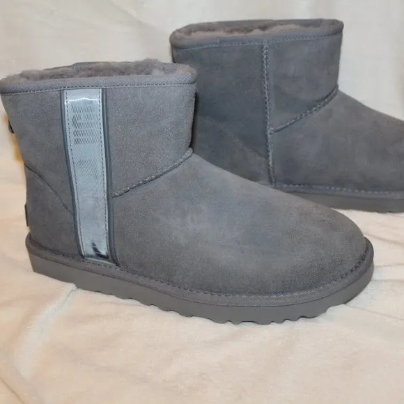 NIB UGG MINI LOGO SUEDE SHEARLING LINED ANKLE‎ BOOTS GRAY 9