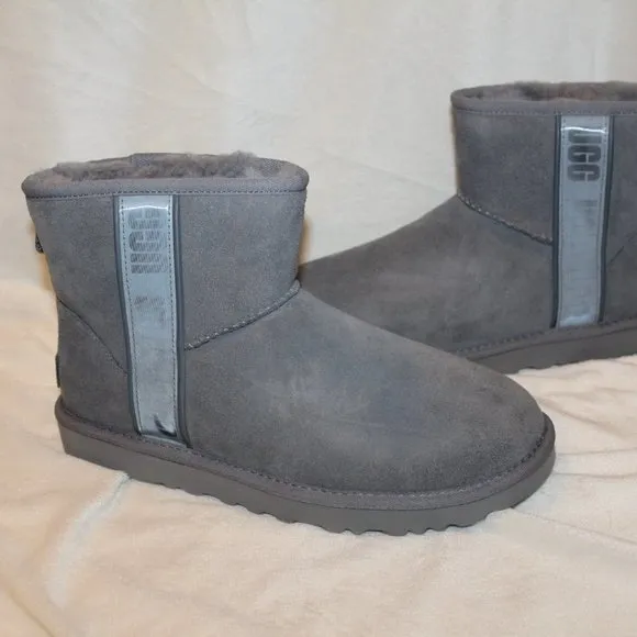 NIB UGG MINI LOGO SUEDE SHEARLING LINED ANKLE‎ BOOTS GRAY 9