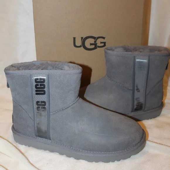 NIB UGG MINI LOGO SUEDE SHEARLING LINED ANKLE‎ BOOTS GRAY 9