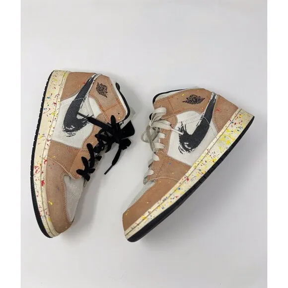 Nike Air Jordan 1 Mid Brushstroke Kids Shoes Brown Athletic Sneaker 6.5Y / W8