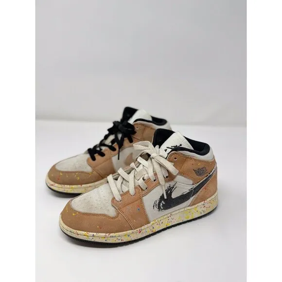 Nike Air Jordan 1 Mid Brushstroke Kids Shoes Brown Athletic Sneaker 6.5Y / W8
