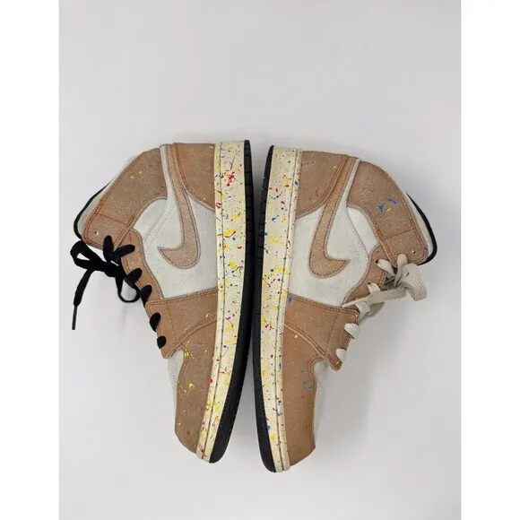 Nike Air Jordan 1 Mid Brushstroke Kids Shoes Brown Athletic Sneaker 6.5Y / W8