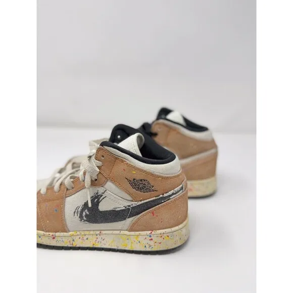 Nike Air Jordan 1 Mid Brushstroke Kids Shoes Brown Athletic Sneaker 6.5Y / W8