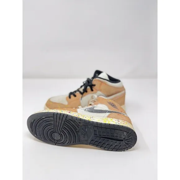 Nike Air Jordan 1 Mid Brushstroke Kids Shoes Brown Athletic Sneaker 6.5Y / W8