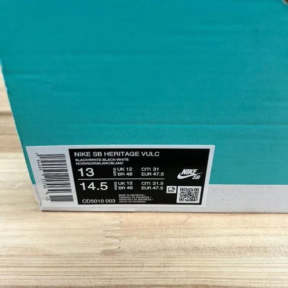 Nike SB Heritage Vulc casual classic Skate shoes Mens 13 Black white NEW