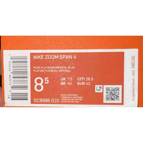 Nike Zoom Span 4 Mens Athletic Running Shoes Size 8.5 Gray Blue White DC8996-010