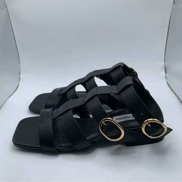 NWB Steve Madden Aylin Fisherman Heeled Sandals black leather size 7.5 671