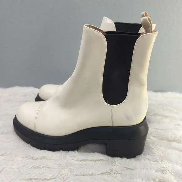 NWOB Stuart Weitzman Norah Chelsea Boots White‎ Leather Lug Sole Size 5.5C