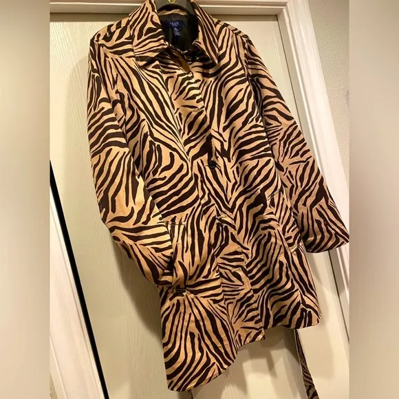 NWOT - CHAPS BY RALPH LAUREN ZEBRA PRINT BELTED TRENCHCOAT - BROWN &amp; TAN🤩🛍️🤩