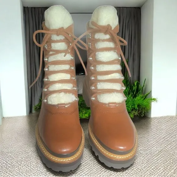 NWOT MARC FISCHER LTD ( 7 ) IZZIE Shearling Lined Leather Work Boots in Dark Tan