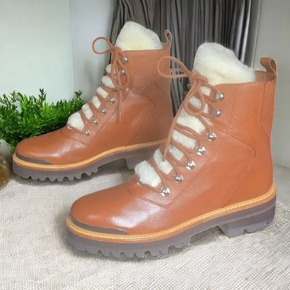 NWOT MARC FISCHER LTD ( 7 ) IZZIE Shearling Lined Leather Work Boots in Dark Tan