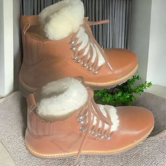 NWOT MARC FISCHER LTD ( 7 ) IZZIE Shearling Lined Leather Work Boots in Dark Tan
