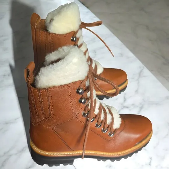 NWOT MARC FISCHER LTD ( 7 ) IZZIE Shearling Lined Leather Work Boots in Dark Tan