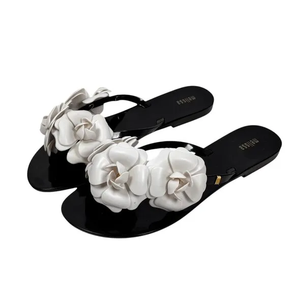 NWT Melissa Camellia Jelly Thong Sandals Sz.10 Black White Beach Flip Flops