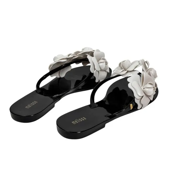 NWT Melissa Camellia Jelly Thong Sandals Sz.10 Black White Beach Flip Flops