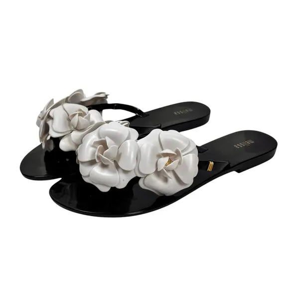 NWT Melissa Camellia Jelly Thong Sandals Sz.10 Black White Beach Flip Flops
