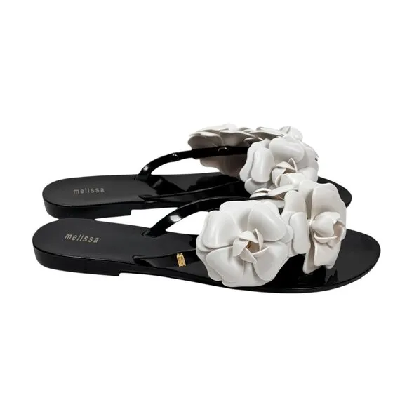 NWT Melissa Camellia Jelly Thong Sandals Sz.10 Black White Beach Flip Flops