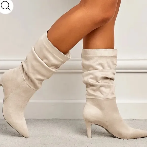 NWT Newbella‎ Slouchy Ivory Heeled Suede Boots