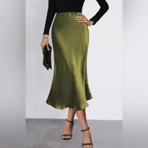 NWT Satin Skirts Casual Silk Midi Skirt High Waisted Long Skirts Zipper Elegant