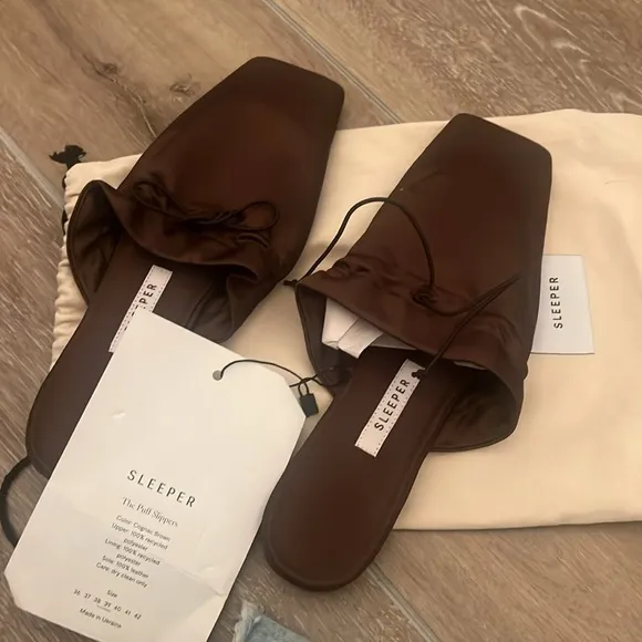 NWT Sleeper brown satin and leather soles Brown Women's Mules size 8.5